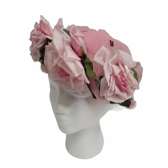Vintage Accessories - VINTAGE 50s Norman Paulvin velvet pink floral rose pillbox hat